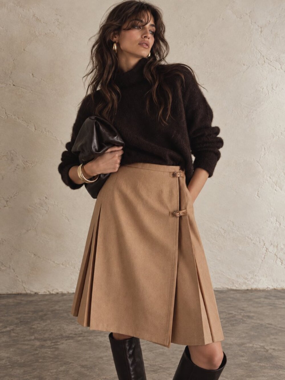 Vintage Pierre Cardin, Wool, Camel Coloured Pleated Midi Skirt